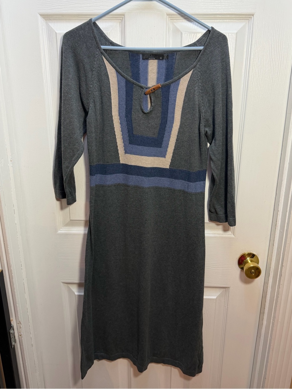 Prana Yarrah Grey Knit Long-Sleeve Dress with Blue & Cream Trim